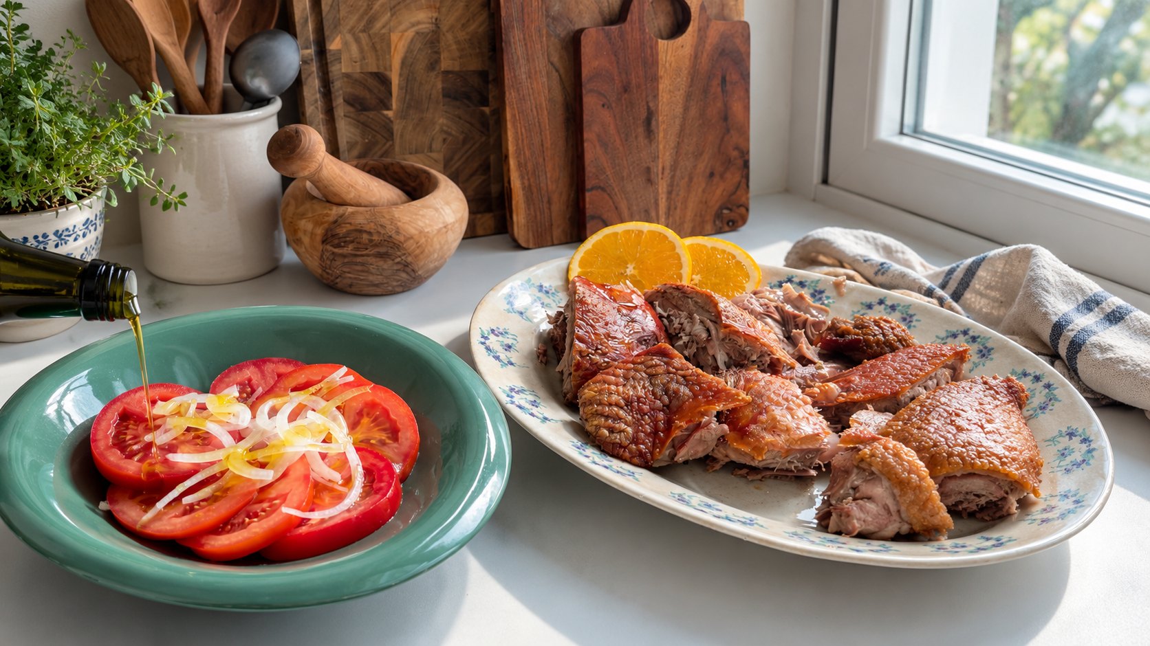 O peru à Bairrada cortado numa travessa, com a pele estaladiça, ao lado de uma salada de tomate e cebola