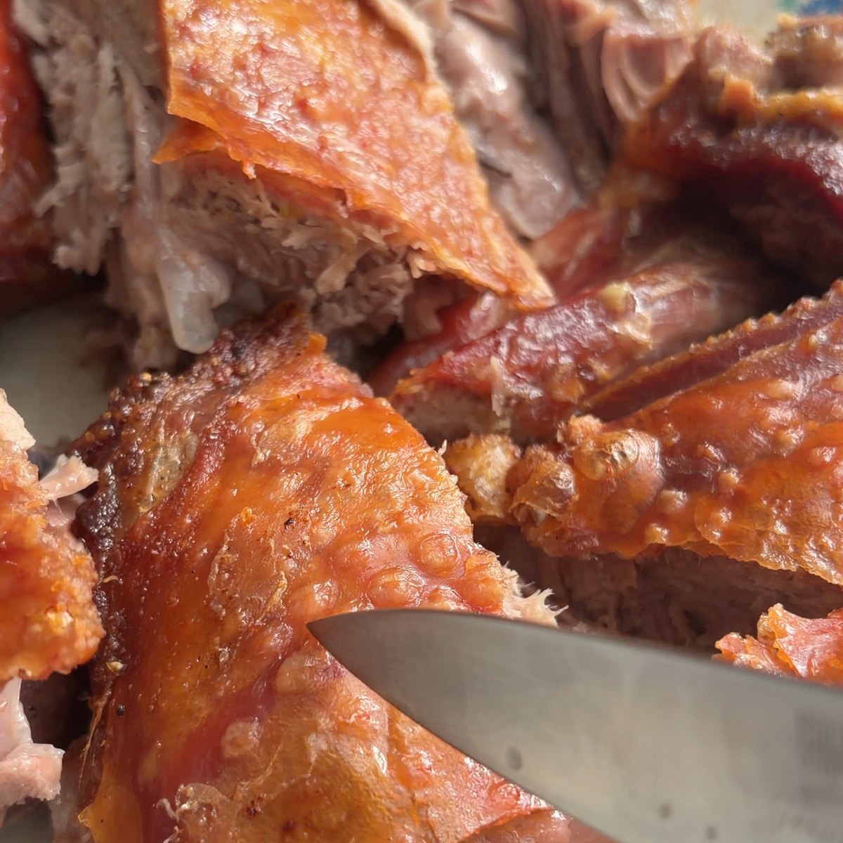 A perna cortada, com a pele estaladiça e a carne desfiada por baixo